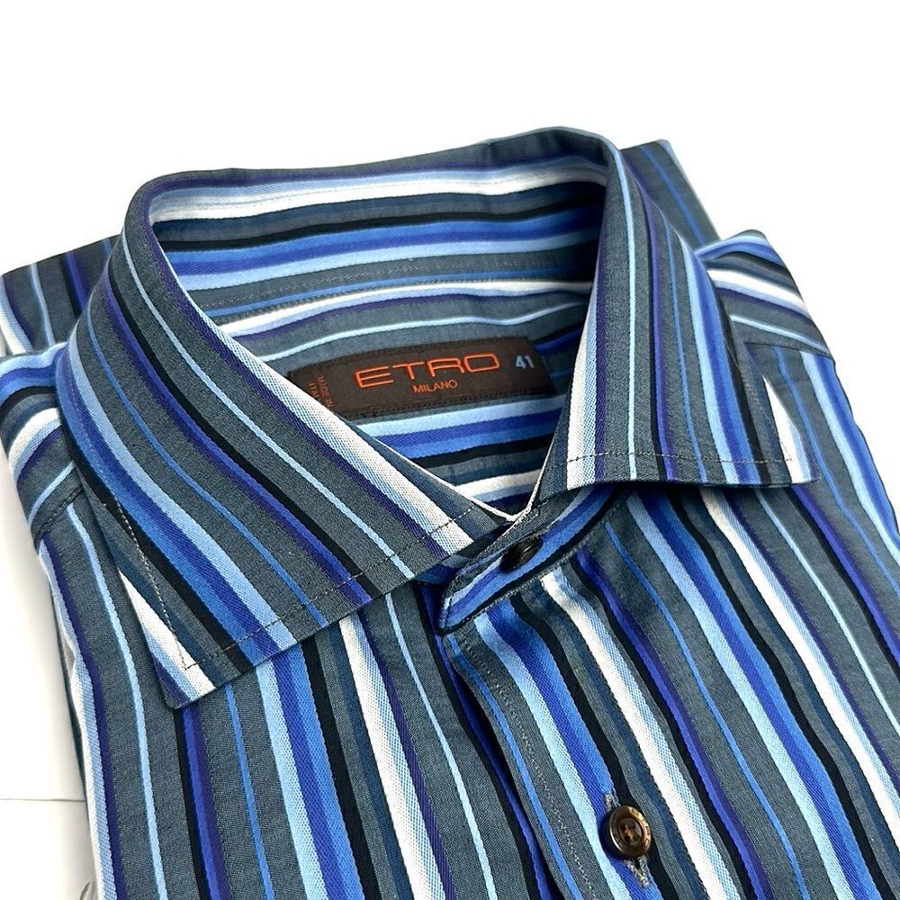 ETRO Milano Casual Button Up Shirt Cotton Blue Gray Striped Italy size 41 US 16